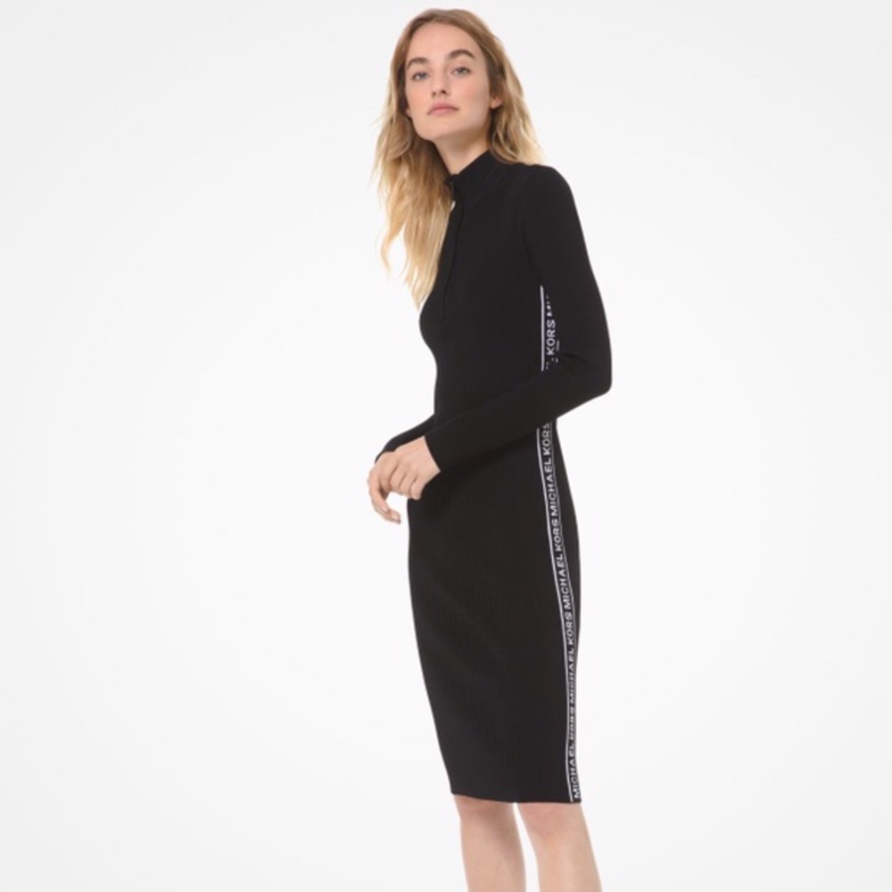 Michael Kors -Logo Tape Knit  Zip Dress-Black